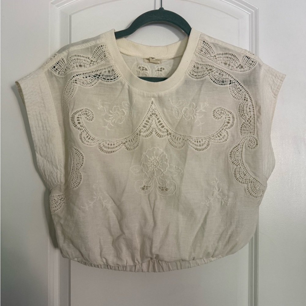 Pilcro Cream Sleeveless cutout linen Crop Blouse